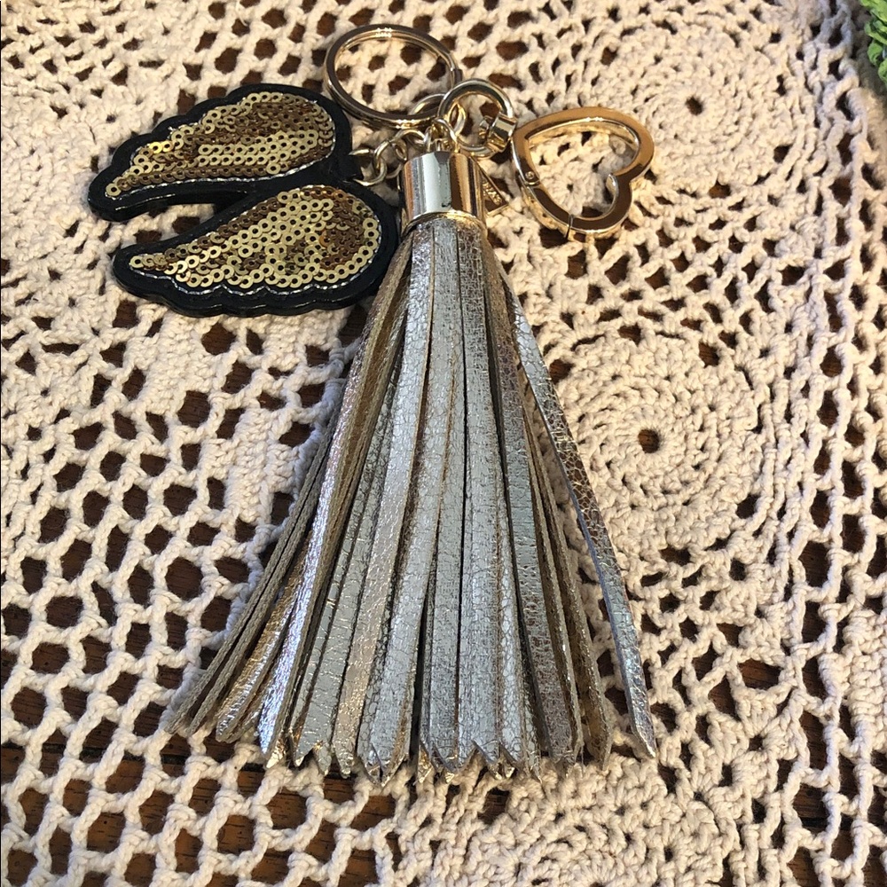 Victoria's Secret Gold Tassel Keychain with Sequin Wing and Heart Charm